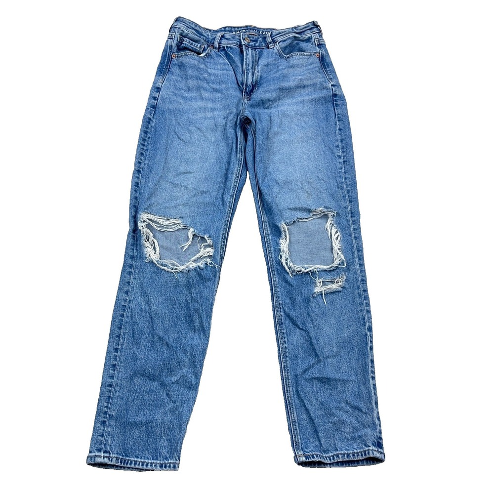 American Eagle Mom Jeans Women 8 Long Holes Distressed Baggy Stretch Med Wash B1